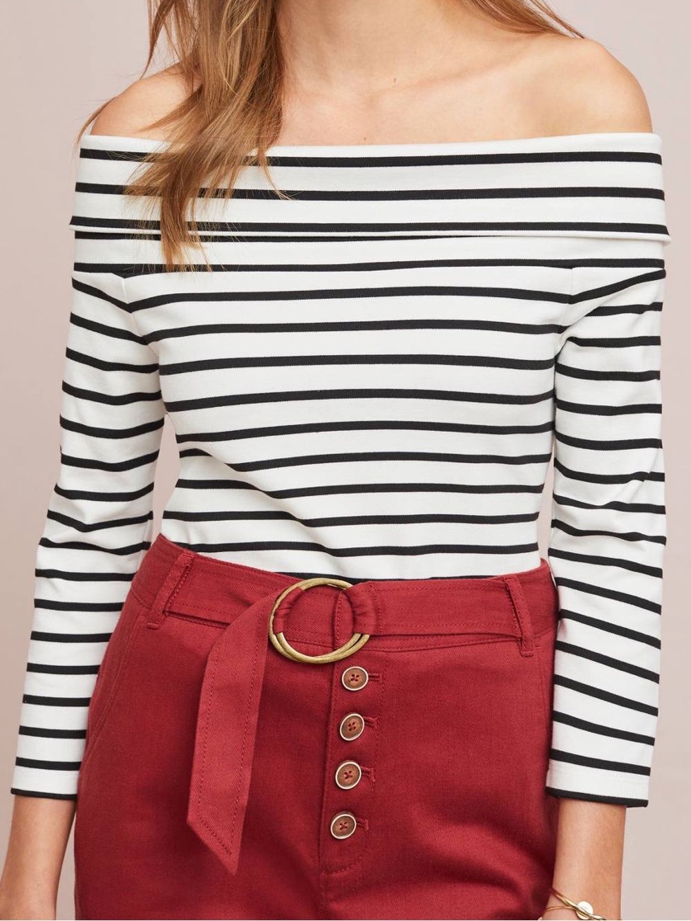 ANTHROPOLOGIE Rosie’s Off-The-Shoulder 3/4 Sleeve Striped Top, Black & White — S